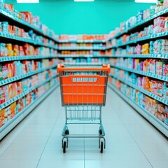 Poster - Hypermodern Retail Experience Dynamic Shopping Cart Journey Through Minimalist Grocery Aisle - Consumer Choice and Immersive Retail Design Narrative