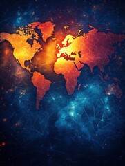 Poster - Digital World Map with Global Network Connection in Fiery Orange and Deep Blue Tones Abstract Design