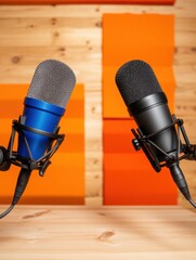 Leinwandbilder - Modern Audio Storytelling Professional Podcast Recording Setup with Vibrant Color-Coded Microphones - Dynamic Content Creation for Digital Media Entrepreneurs