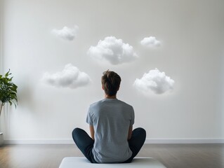 Fototapete - Minimalist Digital Nomads Zen Workspace Contemplative Cloud Visualization for Remote Work Mindfulness and Creative Ideation in Modern Home Office Environments