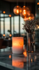 Poster - Hygge Sanctuary Minimalist Amber Glow Wellness Candle with Dried Botanicals - Cozy Lifestyle for Mindful Interior Design and Ambient Mood Styling