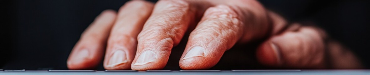 Aufkleber - Minimalist Ergonomic Workspace Aged Hands Navigating Digital Productivity in Soft Light - Capturing Intergenerational Remote Work Dynamics