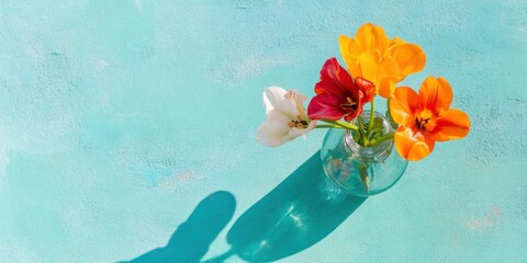 Aufkleber - Vibrant Spring Minimalism Colorful Tulips in Glass Vase with Water Droplets - Contemporary Home Decor Styling for Wellness-Inspired Interiors
