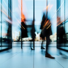 Fototapete - Dynamic Urban Flow Blurred Corporate Professionals in Minimalist Glass Architecture - Capturing Modern Workplace Momentum and Professional Agility
