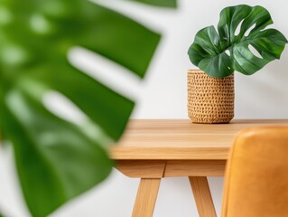 Poster - Biophilic Interior Design Minimalist Workspace with Monstera Plant in Woven Basket - Contemporary Wellness-Inspired Home Office Styling