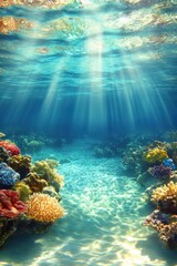 Poster - Ethereal sunlight beams pierce turquoise ocean depths illuminating vibrant coral reef marine ecosystem underwater paradise aquatic scene nature beauty