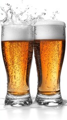 Poster - Refreshing golden beer glasses with foamy head and splash on white background capturing the essence of celebration and refreshment in a minimalist style