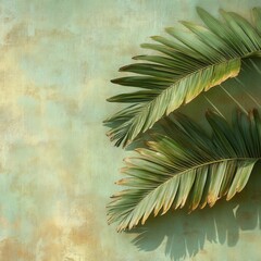 Poster - Tropical Palm Fronds on Textured Green Wall Casting Shadows in Natural Light for Summer Aesthetic