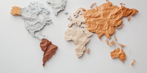 Poster - Sustainable Global Strategy Minimalist Crumpled Paper World Map Visualizing Interconnected Business Ecosystems and Adaptive Innovation Landscapes