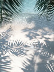 Poster - Tropical beach paradise with palm tree shadows on white sand and turquoise water creating a serene summer vibe