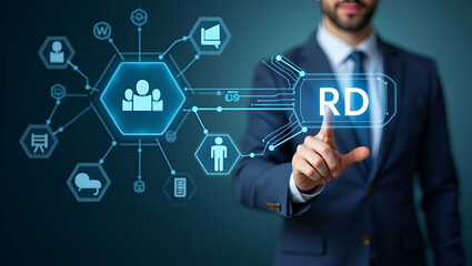 Flat Businessman interacts with R&D icons on digital interface representing research and development innovation technology and human resources for strategic growth. concept as Businessman interacts wi