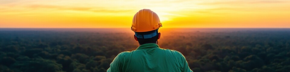 Aufkleber - Climate-Forward Professional Next-Gen Sustainability Technician Overlooking Renewable Landscape at Golden Hour - Inspiring Green Energy Transition Narrative
