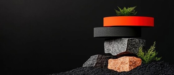 Poster - Eco-Innovative Financial Growth Stacked Geometric Stones with Minimalist Green Foliage - Sustainable Investment Visualization for Modern Corporate Branding