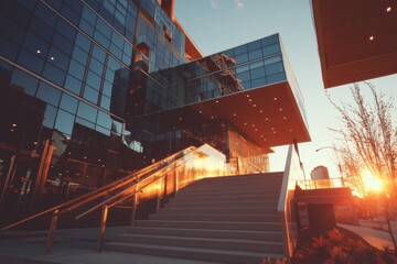 Aufkleber - Sustainable Urban Architecture Modern Glass Cantilever Design with Golden Sunset Illumination - Innovative Corporate Workspace Integrating Biophilic Aesthetic and Architectural Minimalism