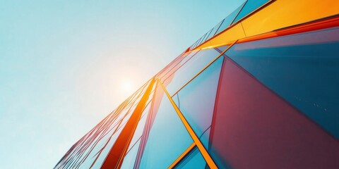 Poster - Dynamic Urban Architectural Vision Geometric Glass Facade Illuminating Corporate Innovation with Vibrant Minimalist Design - Next-Gen Business Landscape Visualization