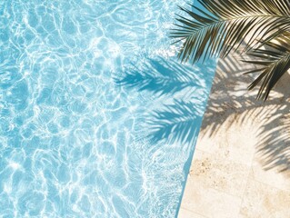 Poster - Serene swimming pool water reflecting sunlight with palm tree shadows creating a tranquil tropical vibe