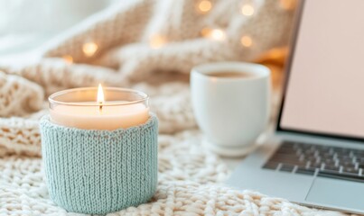 Leinwandbilder - Hygge Workspace Essentials Soft Knit Cozy Winter Home Office with Ambient Candlelight, Minimalist Productivity and Wellness-Focused Comfort Design