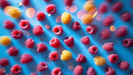 Poster - Colorful arrangement of fresh raspberries and yellow berries on a bright blue background with soft bokeh effect