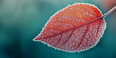 Aufkleber - Close-up of frost-covered red leaf, showcasing intricate texture and delicate frost crystals, symbolizing winter, nature, and cold weather beauty