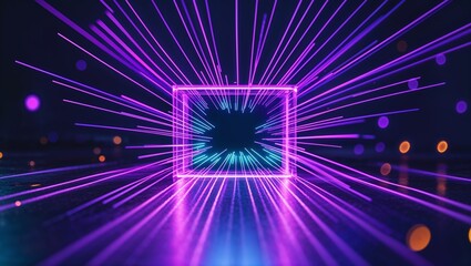 Poster - Colorful light rays burst from a glowing cube in a dark environment during a creative digital art display at a technology event