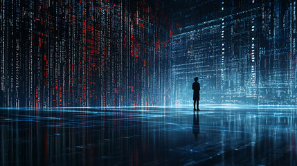 Person facing digital wall of code