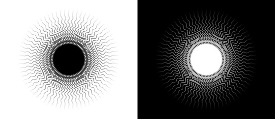 Fototapete - Art sun background. Tattoo template or logo with halftone dotted lines. Black shape on a white background and the same white shape on the black side.