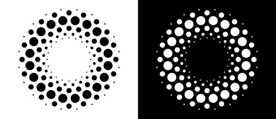 Fototapete - Modern abstract background. Halftone dots in circle form. Round logo, design element or icon. Vector dotted frame. A black figure on a white background and an equally white figure on the black side.
