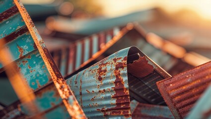 Poster - Rusted metal sheets create intricate patterns under warm sunset light in an industrial setting