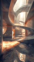 Poster - surreal building interior featuring abstract geometric shapes and flowing lines in a spacious, innov