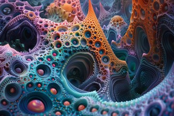 Poster - surreal depiction of vibrant microscopic structures showcasing intricate cellular processes in capti