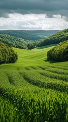 Aufkleber - Rolling hills covered in vibrant green grass stretch under a dramatic sky. Tall trees line the edges of the fields, creating a serene and peaceful atmosphere perfect for a morning stroll