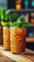 Poster - Refreshing tiki cocktail with mint garnish on wooden surface captures tropical vibe and exotic drink culture in a bar setting with a blurred background