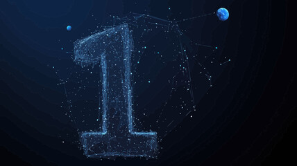 Poster - Starry Sky Number One Vector - Abstract Space Digit 1 Wireframe with Planets and Stars in a Primordial Universe Concept