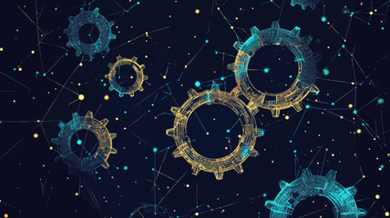 Poster - Polygonal Gearing with Starry Sky - Low Poly Vector - Mechanical Technology and Engineering Concept
