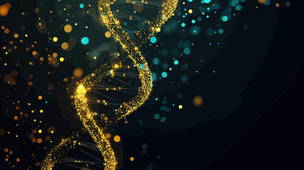 Poster - Golden Low Poly DNA with Stardust Effect - Sparkling Glitter DNA Wireframe Vector Illustration with Gold Particles on Dark Background for Science and Technology Concepts