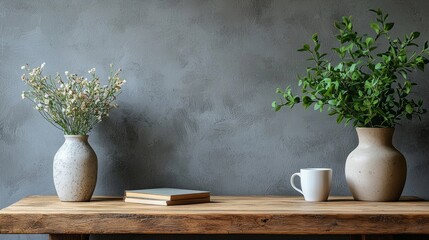 Poster - soft light illuminates a cozy indoor setting featuring two ceramic vases filled with delicate flower