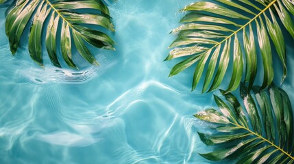 Poster - Tropical serenity with palm fronds in turquoise water creating a refreshing summer vibe and natural light effect ideal for vacation and wellness themes