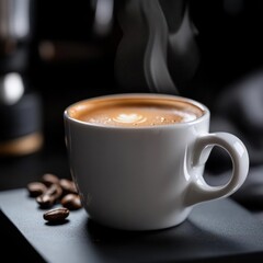 Poster - Steaming Coffee Cup with Latte Art on Dark Background