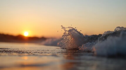Poster - Ocean Wave Splashing on Sandy Beach at Sunset