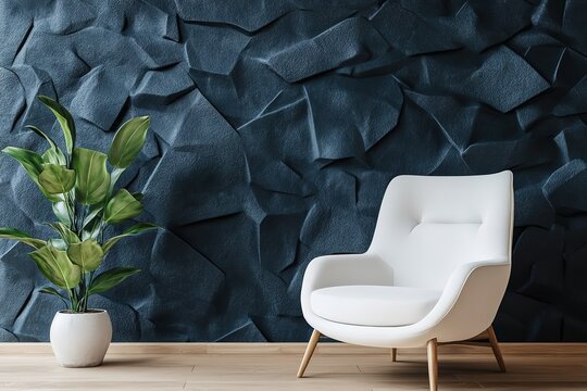 Minimalist White Armchair with Potted Plant and Blue Textured Wall Design, Home Decor