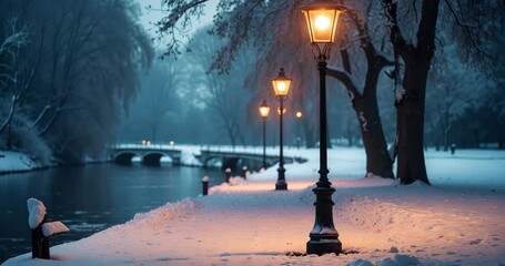 Wall Mural - an old street lamp stands in a winter park by the riverbank.