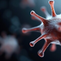 Poster - Microscopic Virus Close-Up: Reddish-Orange Pathogen with Spiky Protrusions on Dark Blue Background