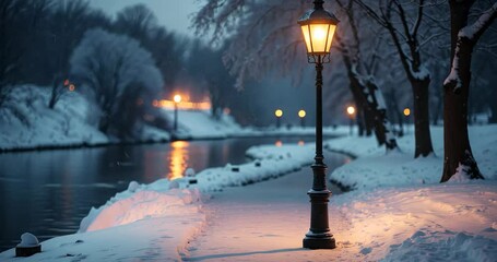 Wall Mural - an old street lamp is situated in a winter park by the riverside.