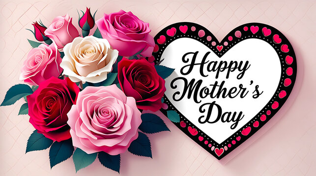 Elegant Mother's Day Card with Heart Border and Vibrant Rose Bouquet Modern and Cheerful Design