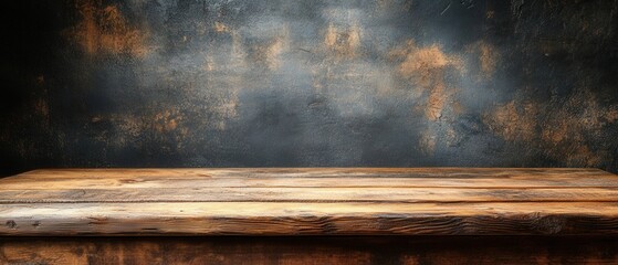 Poster - Rustic Wooden Table Against a Dark Textured Wall Perfect for Product Mockups and Food Photography Backdrops