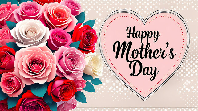 Elegant Mother's Day Card with Heart Border and Vibrant Rose Bouquet Modern and Cheerful Design