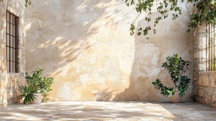 Poster - Soft sunlight filters through leaves, casting gentle shadows on the weathered stone walls of a peaceful courtyard. Potted plants add life to this serene outdoor space, inviting relaxation