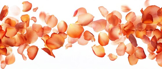 Poster - Delicate peach rose petals floating gracefully against a pristine white background creating a serene and romantic atmosphere with soft bokeh