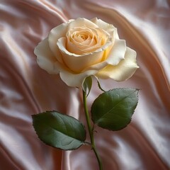 Poster - Elegant cream rose on soft satin fabric creates a romantic and luxurious atmosphere capturing delicate beauty and timeless floral grace with a gentle light