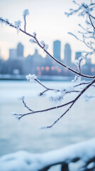 Poster - Close-up of frost-covered branch, icicles hanging, blurred city background, showcasing winter season, serenity, and nature's beauty